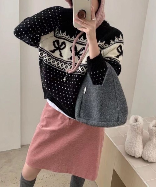 gossip!ロサンゼルス(ゴシップロサンゼルス)の「Y2K リボンハートドットパターンニット(ニット/セーター・レディース・オフホワイト/ワイン/ブラック・FREE)」の20枚目の写真