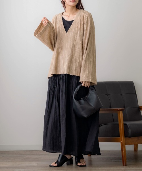 NOAHL（ノアル）の「【NOAHL】フリンジストライプVネックプルオーバー（Tシャツ/カットソー・レディース・ブラウン系/アイボリー/ブラック/グリーン系・FREE）」の3枚目の写真