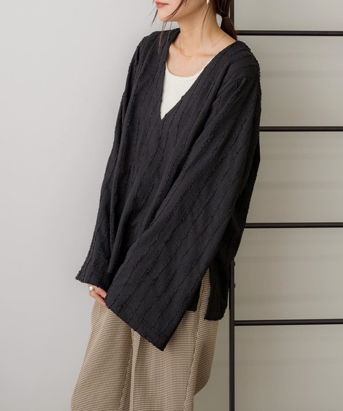 NOAHL（ノアル）の「【NOAHL】フリンジストライプVネックプルオーバー（Tシャツ/カットソー・レディース・ブラウン系/アイボリー/ブラック/グリーン系・FREE）」の5枚目の写真