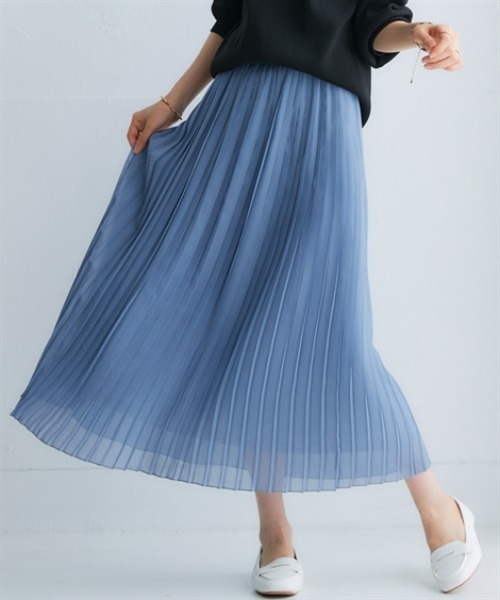 【新品】自由区 レディース 大きいサイズ プリーツスカート 44 水色 シフォンプリーツロングスカート＜大きいサイズ有＞（スカート
