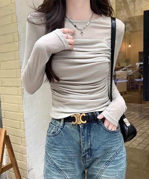urge：（アージコロン ）の「【URGE：】ビスチェ レイヤード シアー 長袖 カットソー（Tシャツ/カットソー・レディース・ベージュ/ブラウン/オフホワイト・SMALL/MEDIUM/LARGE/X-LARGE）」の12枚目の写真