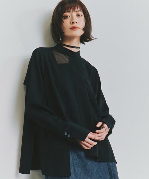 【新品タグ付】UNITEDTOKYO 長袖ブラウス アシンメトリー 黒×白 アシンメトリーチョーカーブラウス｜ウォッシャブル（シャツ/ブラウス