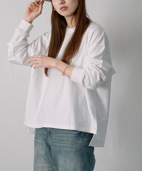 zootie(ズーティー)の「こなれリラックス リブ袖スリットプルオーバー(Tシャツ/カットソー・レディース・ダークグリーン/オレンジ系/ネイビー/ミント/グレイッシュベージュ/ブラック/杢グレー/オフホワイト・M)」の2枚目の写真