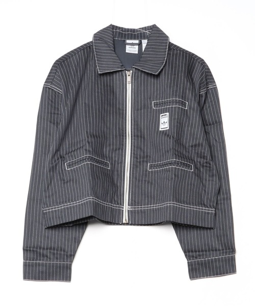美品　adidasオリジナル　デニム　クロップド　ジップ　ジャケット セール】総柄プリント クロップド ジップジャケット