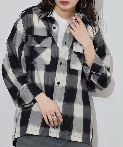 BIG MIKE(ビッグマイク)の「BIG MIKE レーヨン オンブレチェック ブロックチェック シャツ(シャツ/ブラウス・メンズ・ホワイト×ブラック/ブラック・M/L/XL)」の12枚目の写真