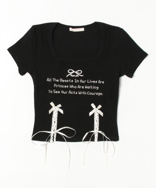 frunco（フランコ）の「リボンレースアップクロップドTシャツ（Tシャツ/カットソー・レディース・ブラック/ピンク/オートミール・FREE）」の7枚目の写真