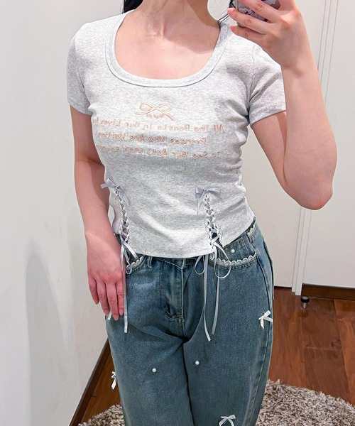 frunco（フランコ）の「リボンレースアップクロップドTシャツ（Tシャツ/カットソー・レディース・ブラック/ピンク/オートミール・FREE）」の8枚目の写真