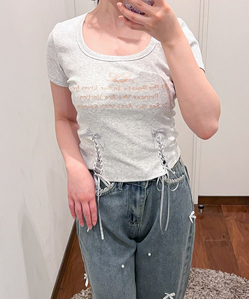 frunco（フランコ）の「リボンレースアップクロップドTシャツ（Tシャツ/カットソー・レディース・ブラック/ピンク/オートミール・FREE）」の9枚目の写真