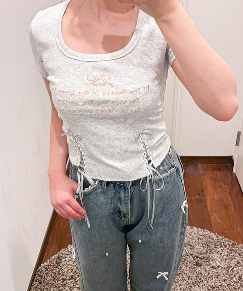 frunco（フランコ）の「リボンレースアップクロップドTシャツ（Tシャツ/カットソー・レディース・ブラック/ピンク/オートミール・FREE）」の10枚目の写真