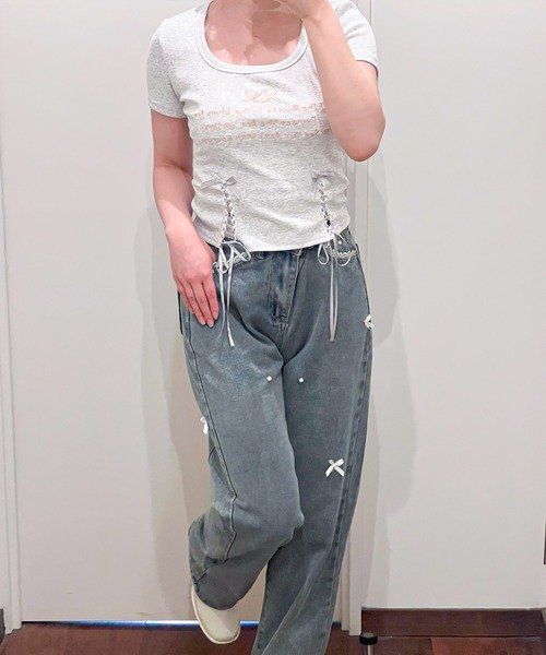 frunco（フランコ）の「リボンレースアップクロップドTシャツ（Tシャツ/カットソー・レディース・ブラック/ピンク/オートミール・FREE）」の11枚目の写真