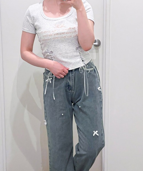 frunco（フランコ）の「リボンレースアップクロップドTシャツ（Tシャツ/カットソー・レディース・ブラック/ピンク/オートミール・FREE）」の13枚目の写真
