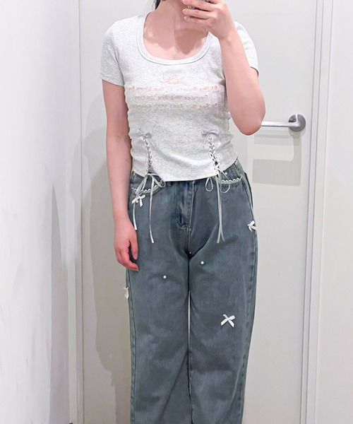 frunco（フランコ）の「リボンレースアップクロップドTシャツ（Tシャツ/カットソー・レディース・ブラック/ピンク/オートミール・FREE）」の14枚目の写真