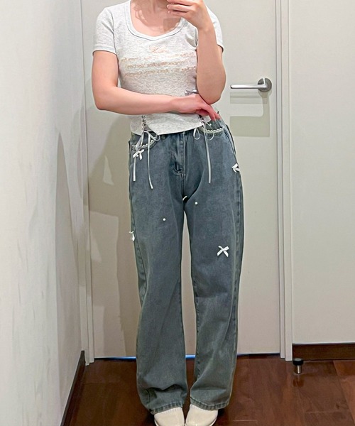 frunco（フランコ）の「リボンレースアップクロップドTシャツ（Tシャツ/カットソー・レディース・ブラック/ピンク/オートミール・FREE）」の15枚目の写真