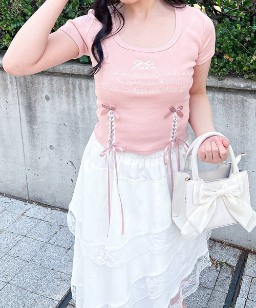 frunco（フランコ）の「リボンレースアップクロップドTシャツ（Tシャツ/カットソー・レディース・ブラック/ピンク/オートミール・FREE）」の21枚目の写真