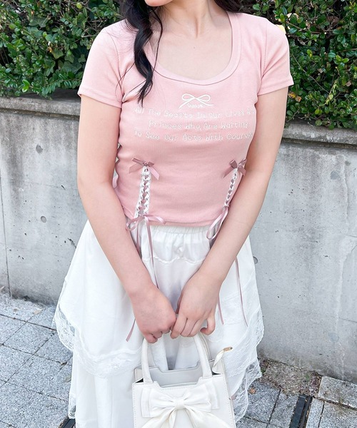 frunco（フランコ）の「リボンレースアップクロップドTシャツ（Tシャツ/カットソー・レディース・ブラック/ピンク/オートミール・FREE）」の22枚目の写真