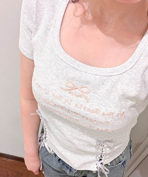 frunco（フランコ）の「リボンレースアップクロップドTシャツ（Tシャツ/カットソー・レディース・ブラック/ピンク/オートミール・FREE）」の18枚目の写真