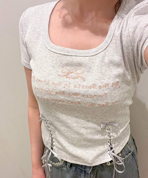 frunco（フランコ）の「リボンレースアップクロップドTシャツ（Tシャツ/カットソー・レディース・ブラック/ピンク/オートミール・FREE）」の19枚目の写真