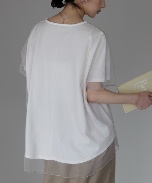 LOHEN チュールレイヤードジオメトリープリントTシャツ チュール重ね箔プリントロングTシャツ M 【メール便対応可