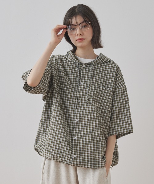 Unblend(アンブレンド)の「【Unblend】オーバーサイズ ドローコード フーディ チェックシャツ(シャツ/ブラウス・レディース・カーキ/アイボリー・FREE)」の21枚目の写真