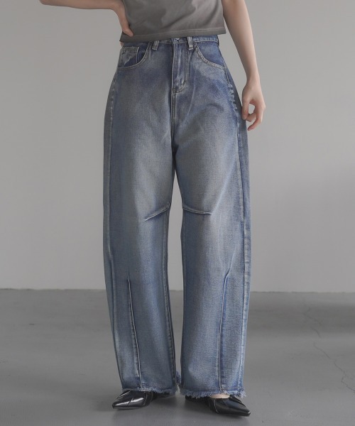 【HUECLOSET】★送料・関税込★Dying Curved Denim Pants セール】hem fringe design Full length curved denim pants