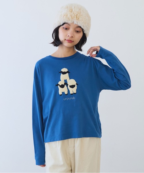 bulle de savon（ビュルデサボン）の「ひつじ刺繍 Tシャツ（Tシャツ/カットソー・レディース・オートミール/ブルー・FREE）」の2枚目の写真