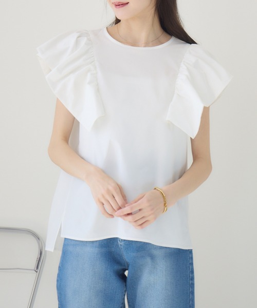 meeny miny(ミーニーマイニー)の「【meeny miny】【インフルエンサーmidopeiコラボ】”着映え”ラッフルブラウス(Tシャツ/カットソー・レディース・ブラック/ホワイト/ピンク・S-M/M-L)」の7枚目の写真