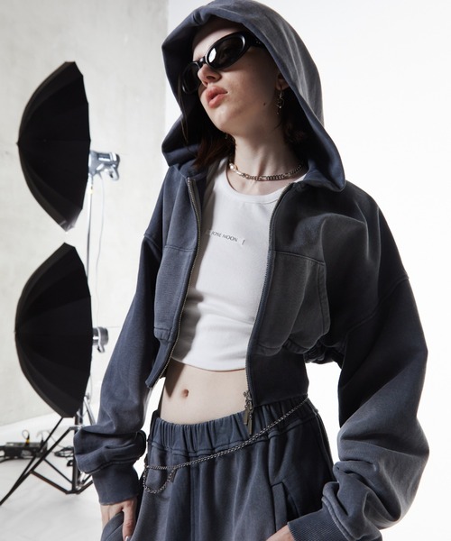 JOSE MOON(ジョゼムーン)の「CROP BIO HOODIE/クロップバイオフーディー(パーカー・レディース・グレー/ブラック・FREE)」の7枚目の写真