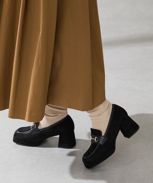 厚底 スクエアトゥ ビット ヒール ローファー /51324（ローファー