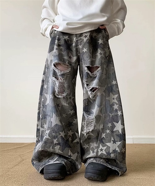 Dream garden(ドリームガーデン)の「星柄ダメージデニムワイドパンツ(デニムパンツ・レディース・カーキ・S/M/L/XL)」の3枚目の写真