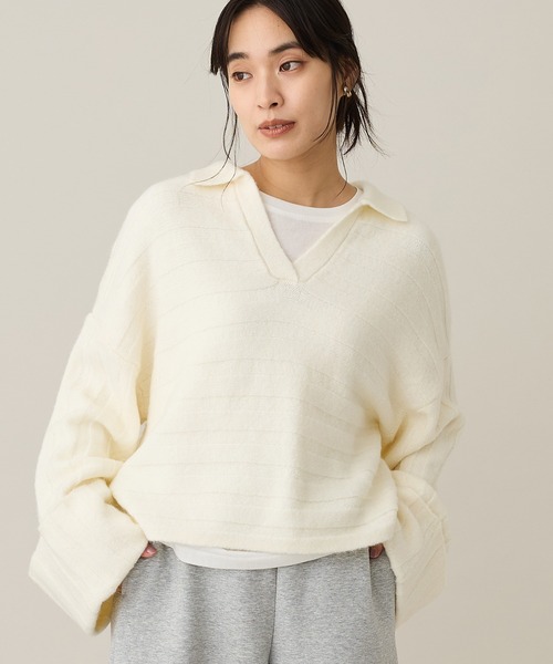 CRAFT STANDARD BOUTIQUE(クラフトスタンダードブティック)の「ロールアップ袖ショート丈ニットプルオーバー<ハンドウォッシャブル>◆(ニット/セーター・レディース・グリーン/ブラウン/レッド/アイボリー・FREE)」の2枚目の写真