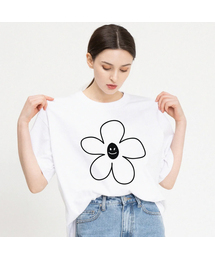 [ユニセックス]ビッグフラワーラインドローイングスマイル半袖Tシャツ_ホワイト