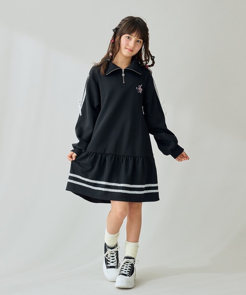 Amourire girl（アムリールガール）の「ハーフZIP リボンラインワンピース（ワンピース・キッズ・ブラック/オフホワイト・130cm/140cm/150cm/160cm）」の14枚目の写真