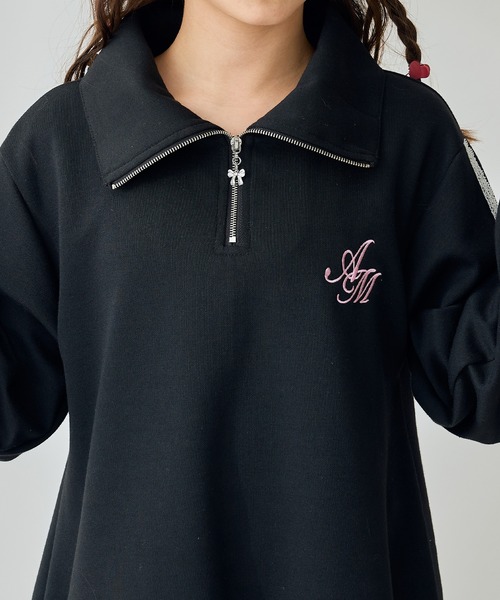 Amourire girl（アムリールガール）の「ハーフZIP リボンラインワンピース（ワンピース・キッズ・ブラック/オフホワイト・130cm/140cm/150cm/160cm）」の4枚目の写真