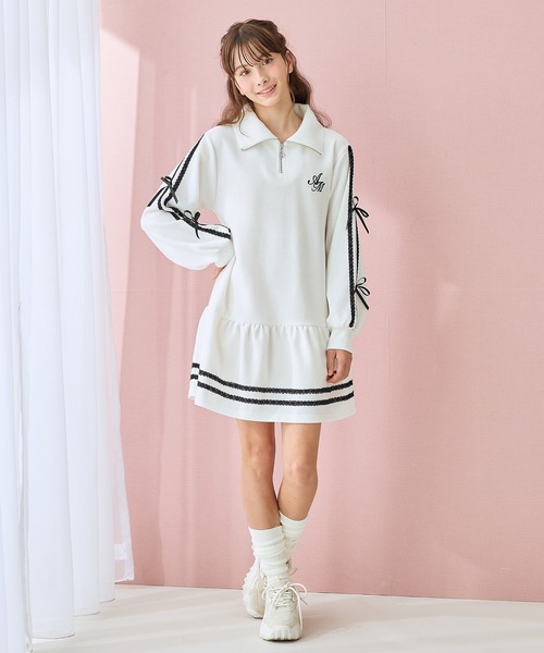 Amourire girl（アムリールガール）の「ハーフZIP リボンラインワンピース（ワンピース・キッズ・ブラック/オフホワイト・130cm/140cm/150cm/160cm）」の7枚目の写真