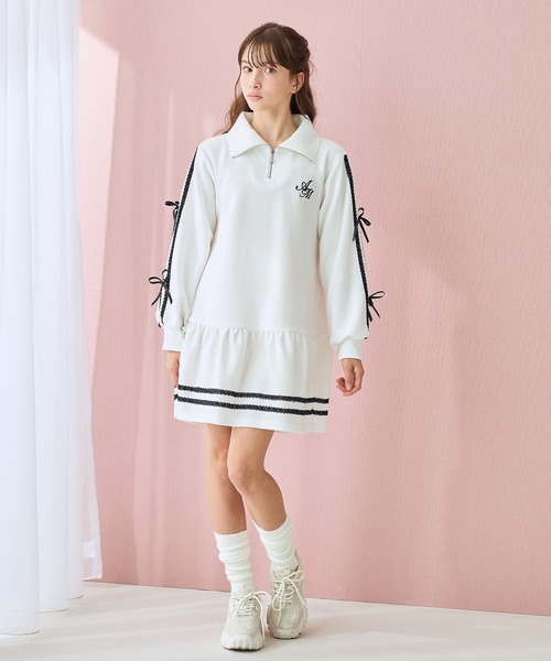 Amourire girl（アムリールガール）の「ハーフZIP リボンラインワンピース（ワンピース・キッズ・ブラック/オフホワイト・130cm/140cm/150cm/160cm）」の8枚目の写真