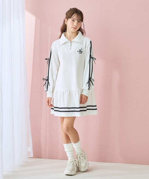Amourire girl（アムリールガール）の「ハーフZIP リボンラインワンピース（ワンピース・キッズ・ブラック/オフホワイト・130cm/140cm/150cm/160cm）」の9枚目の写真