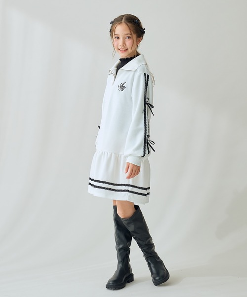 Amourire girl（アムリールガール）の「ハーフZIP リボンラインワンピース（ワンピース・キッズ・ブラック/オフホワイト・130cm/140cm/150cm/160cm）」の11枚目の写真