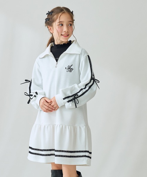 Amourire girl（アムリールガール）の「ハーフZIP リボンラインワンピース（ワンピース・キッズ・ブラック/オフホワイト・130cm/140cm/150cm/160cm）」の12枚目の写真