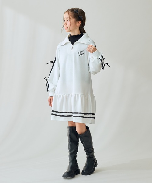 Amourire girl（アムリールガール）の「ハーフZIP リボンラインワンピース（ワンピース・キッズ・ブラック/オフホワイト・130cm/140cm/150cm/160cm）」の13枚目の写真