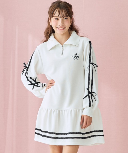 Amourire girl(アムリールガール)の「ハーフZIP リボンラインワンピース(ワンピース・キッズ・ブラック/オフホワイト・130cm/140cm/150cm/160cm)」の20枚目の写真