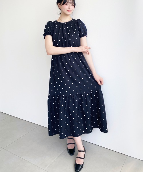 リネンライクドットフロントタックパフスリーブワンピース（ワンピース