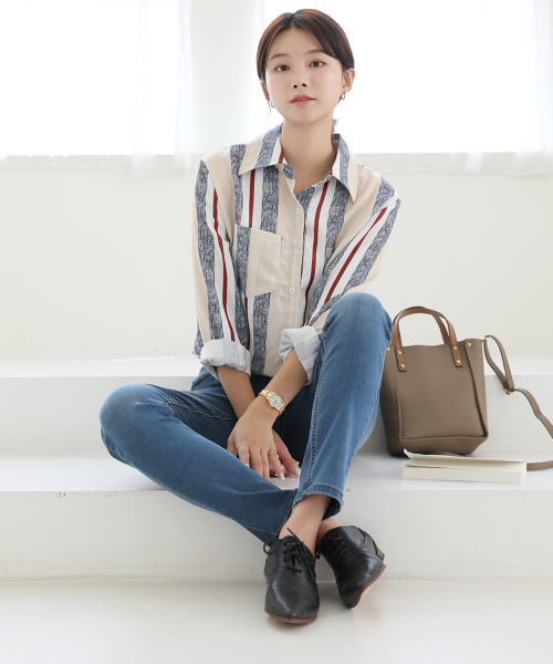 BBAEBBAE（ペッペ）の「カラーネックユニーク配色ストライプブラウス（シャツ/ブラウス・レディース・ベージュ・SMALL/MEDIUM）」の4枚目の写真