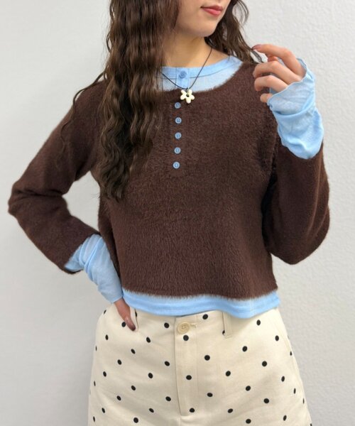 w closet(ダブルクローゼット)の「シャギーレイヤードニット(ニット/セーター・レディース・アイボリー/チャコールグレー/ブラウン・FREE)」の3枚目の写真