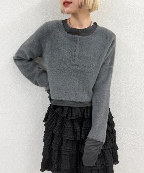 w closet(ダブルクローゼット)の「シャギーレイヤードニット(ニット/セーター・レディース・アイボリー/チャコールグレー/ブラウン・FREE)」の12枚目の写真