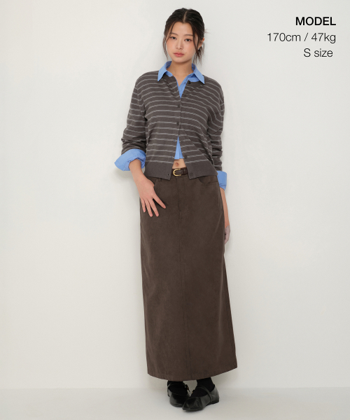 MUSINSA STANDARD WOMAN（ムシンサスタンダードウーマン）の「ウィメンズストライプラウンドネックカーディガン[ダークグレー]（カーディガン/ボレロ・レディース・その他・X-SMALL/SMALL/MEDIUM/LARGE）」の2枚目の写真