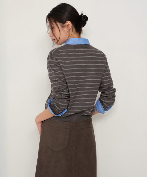 MUSINSA STANDARD WOMAN（ムシンサスタンダードウーマン）の「ウィメンズストライプラウンドネックカーディガン[ダークグレー]（カーディガン/ボレロ・レディース・その他・X-SMALL/SMALL/MEDIUM/LARGE）」の3枚目の写真