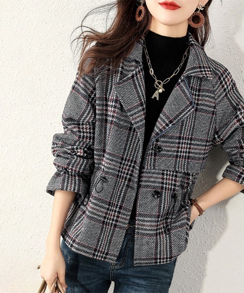 ONEP STAR（ワンピスター）の「チェック柄×ギャザー入りジャケット（テーラードジャケット・レディース・グレー・X-LARGE/LARGE/MEDIUM）」の4枚目の写真
