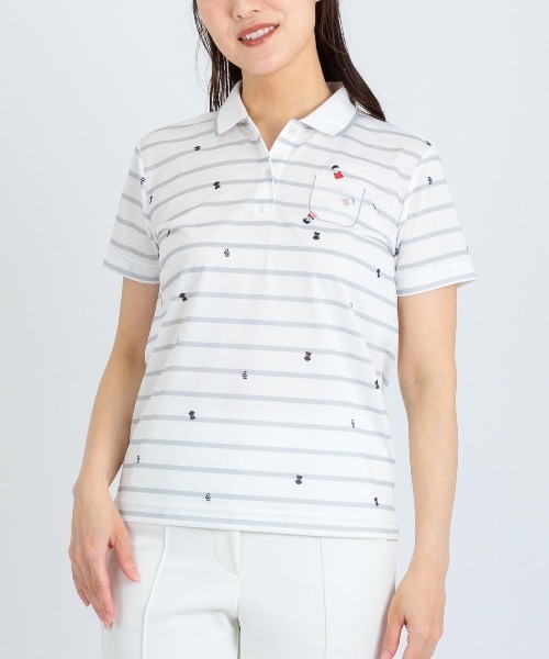 Picone CLUB(ピッコーネクラブ)の「UV速乾ボーダーカノコポロシャツ(ポロシャツ・レディース・ネイビー/オレンジ/ライトグレー/グリーン・13号/11号/9号)」の2枚目の写真
