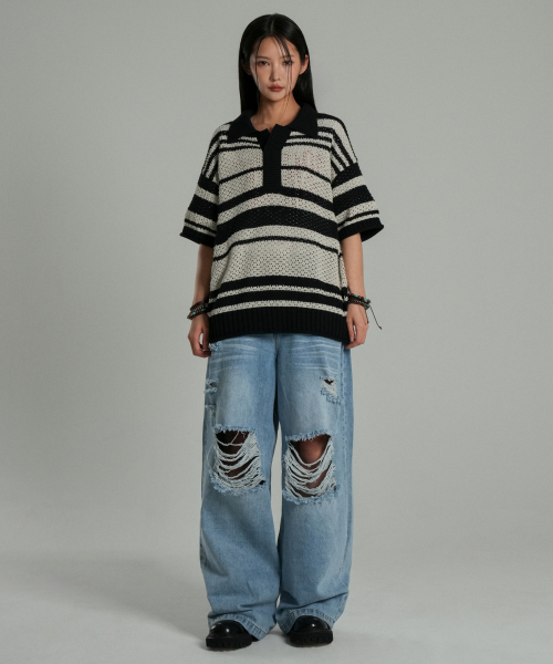 IDWS（アイドンワナセル）の「Sahara Collar Half-Knit Black/Ivory（ポロシャツ・レディース・その他・0/1/2）」の5枚目の写真