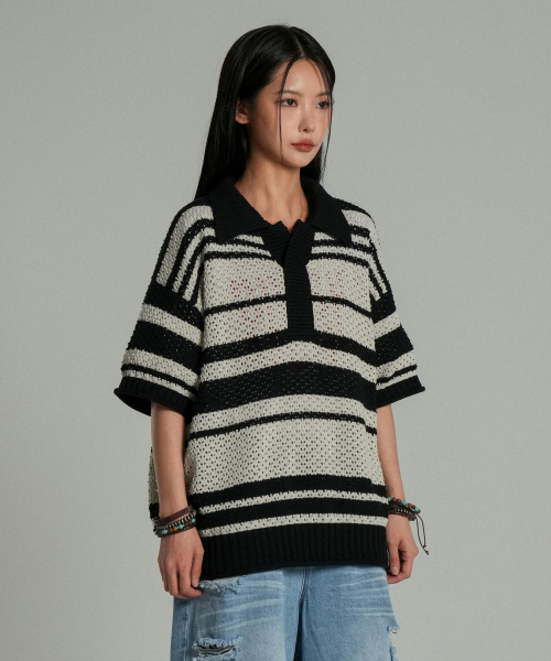 IDWS（アイドンワナセル）の「Sahara Collar Half-Knit Black/Ivory（ポロシャツ・レディース・その他・0/1/2）」の6枚目の写真
